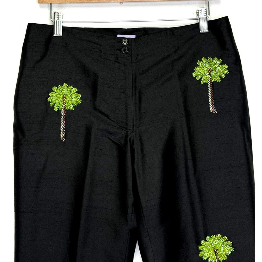 CJ Laing Black Silk Beaded Palm Tree Pants Womens 10 Wide Leg Resort Artwear - Picture 3 of 6